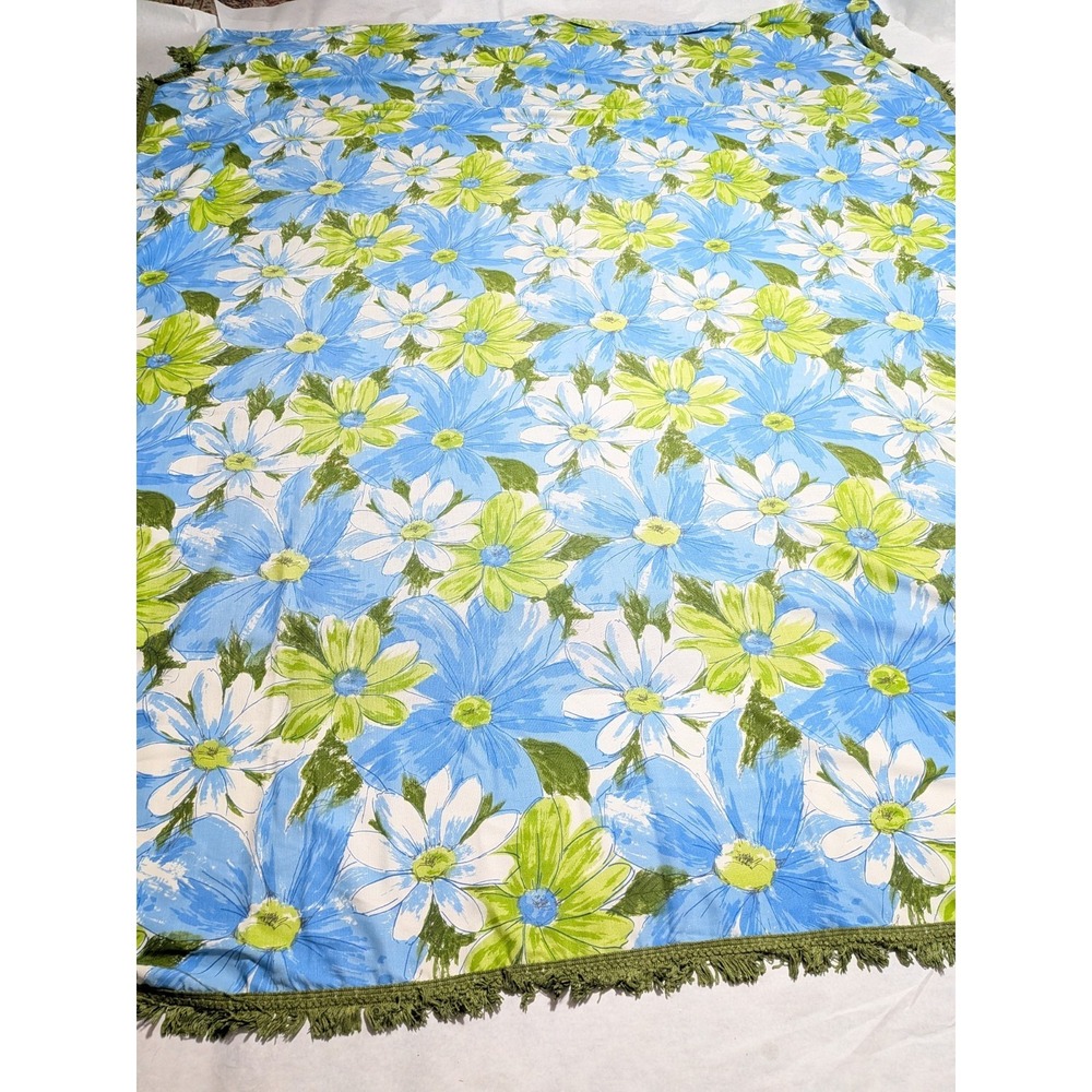 VTG Cannon Royal Family Queen Bedspread Mod 60s 70s Floral Fringe Green Blue